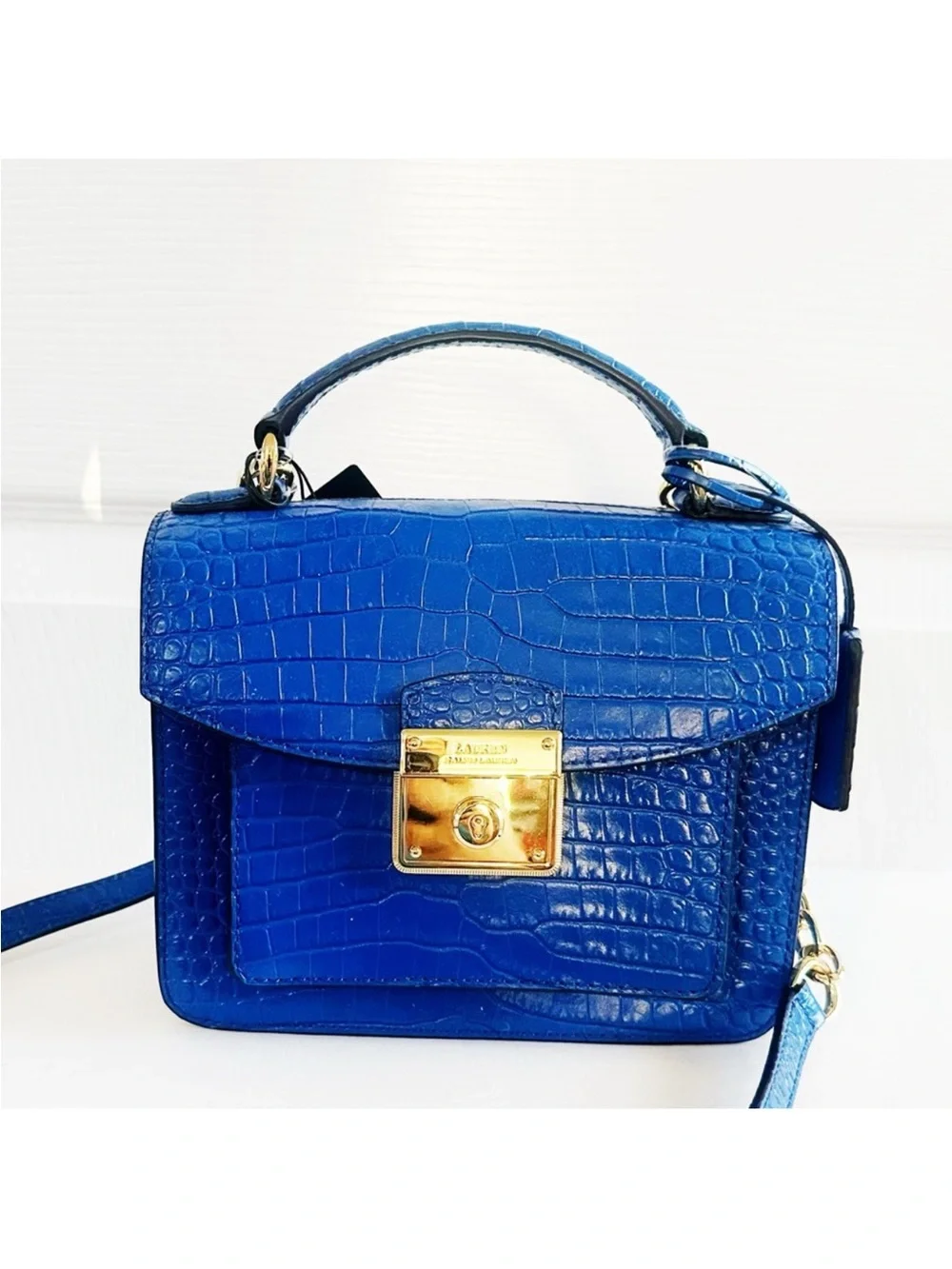 Lauren Ralph Lauren Blue Croc-Embossed Leather Top-Handle Bag with Gold Lock